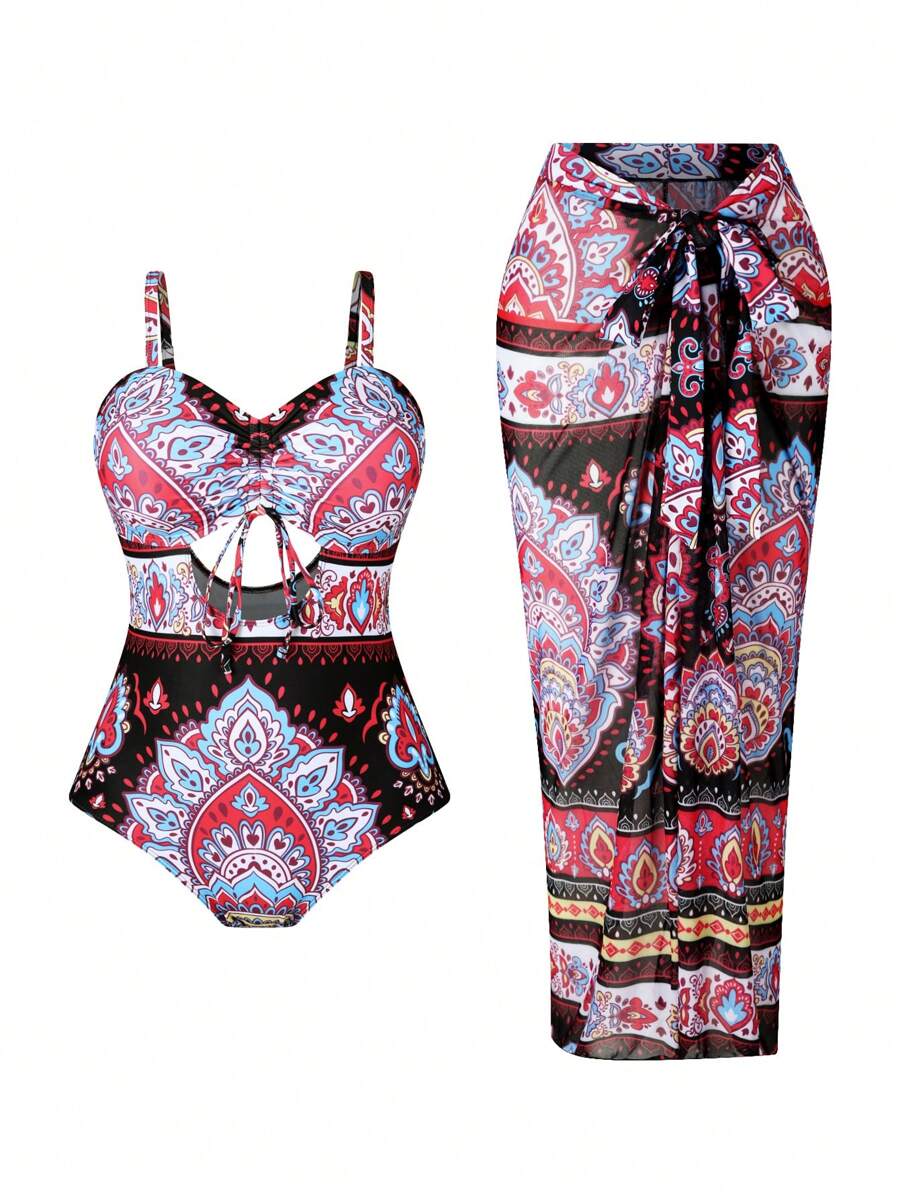 Swim Oasis Plus Size Printed Swimsuit + Matching Skirt 2pcs Set Summer - Multicolor - View 1
