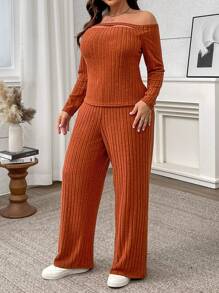 Franclia Plus Size Women's Autumn/Winter Off Shoulder Long Sleeve Knitted 2 Pieces Set