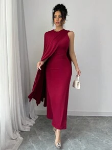 Chiquease Vestido largo elegante de mujer con cuello asimétrico, color vino tinto, vestido maxí color burdeos - Burdeos - Ver 5