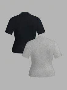 SHEIN EZwear 2pcs/Set Plus Size Women Casual Minimalist Turtleneck, Short Sleeve Top Suitable For Autumn/Winter - Multicolor - View 2