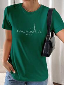 INAWLY Paris Landscape Outline Women T-Shirt, Chic Line Art Paris Print Round Neck Short Sleeve Casual T-Shirt Graphic Tees Women Tops - Dark Green - View 3