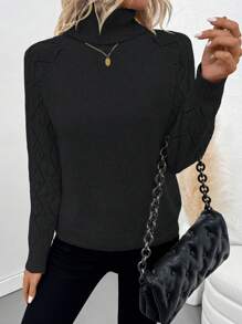 SHEIN Clasi Autumn/Winter New Black Turtleneck Crochet Jacquard Drop Shoulder Elegant Casual Pullover Sweater Knit Pullover Fall - Black - View 5