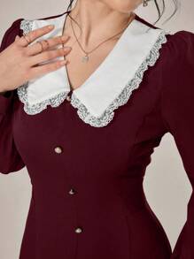 Modelyn 撞色蕾丝拼布彼得潘领长袖连衣裙酒红色长款女士装长款晚礼服 - 酒紅色 - 查看 5