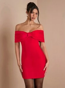 SHEIN BAE Women's Elegant Open Shoulder Bowknot Cocktail Dress, Suitable For Party, Date Night, Clubbing In Autumn & Winter