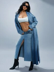 Denimoi Long Line Denim Trench Coat Stylish Simple Casual Daily