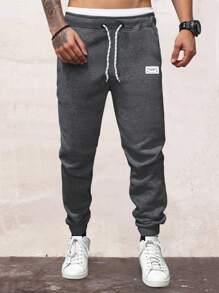Manfinity Homme Men's Casual Drawstring Waist Sweatpants, Letter Print, Autumn/Winter - Dark Grey - View 3