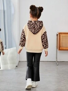 SHEIN 2pcs/Young Girl Contrast Leopard Print Loose Hooded Casual Sweatshirt & PU Trousers, Casual Hoodie, Versatile Outfit,Buy One Get One Free,Great For Casual & Daily Wear & School Daily In Spring And Autumn,Mom And Daughter Matching,Sister And Me Matching