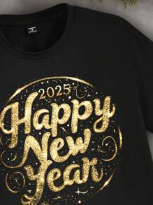 Manfinity Homme Plus Size Men's Casual 2025 New Year Faux Gold Foil Graphic Print Couple T-Shirt