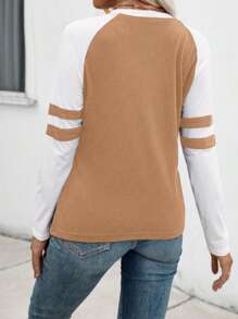 EMERY ROSE Women Color Block Notch Neck Long Sleeve Casual T-Shirt, Autumn Graphic Tees Women Tops For Spring - Multicolor - View 2
