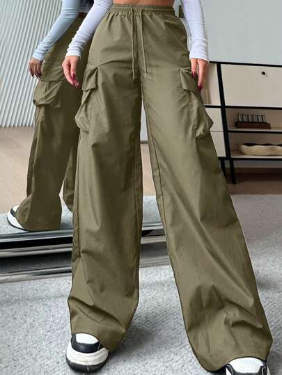 SHEIN EZwear 女式休闲纯色高腰阔腿工装裤，军绿色