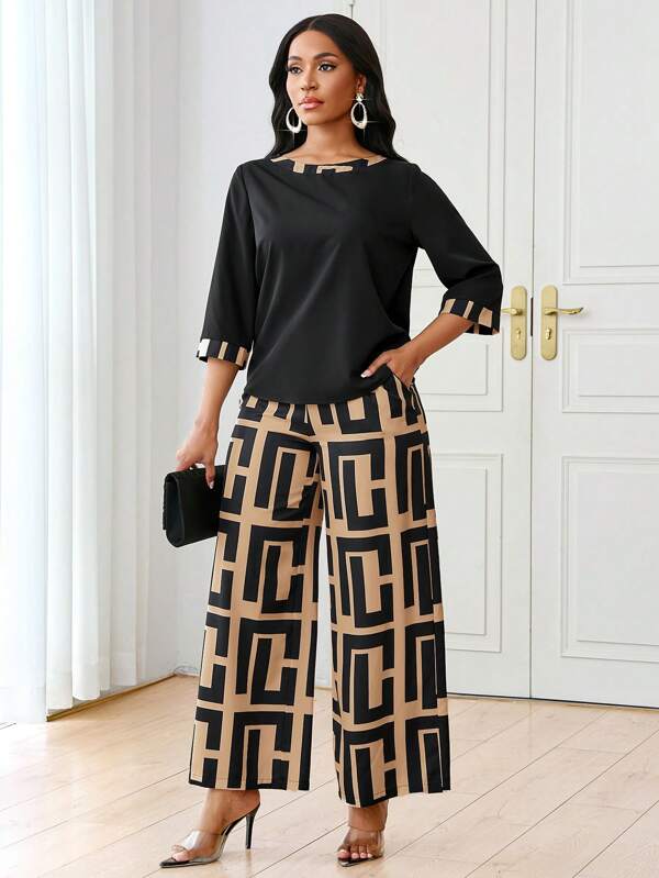 SHEIN Lady 2pcs Women's Autumn Geometric Print Round Neck 3/4 Sleeve Top And Wide Leg Pants Casual Suit Set