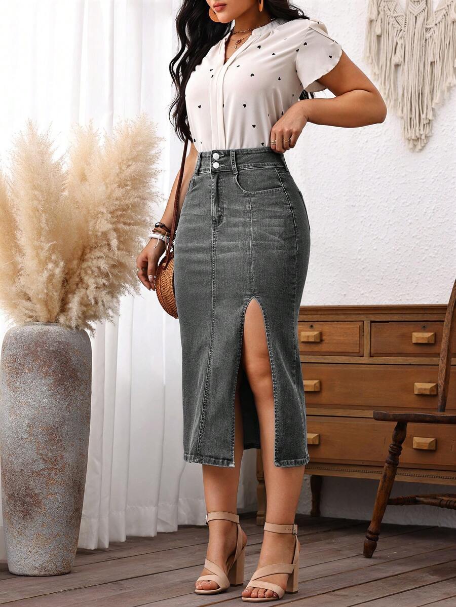 SHEIN LUNE Women's Casual Denim Skirt, Minimalist And Fashionable For Everyday Wear - Grey - View 1