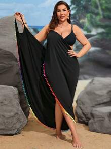 Swim Vcay Summer Beach Plus Pom Pom Trim Wrap Hem Cami Cover Up Dress