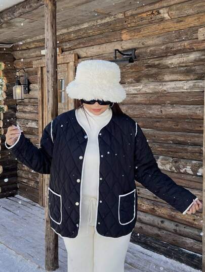 SHEIN EZwear 大码拼色镶边棉服外套，休闲冬装