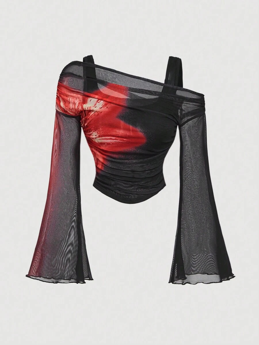 SHEIN MOD 黑色露肩网眼二合一喇叭袖长袖女上衣、节日上衣、新年女装、上衣、复古服装 - 黑色 - 查看 1