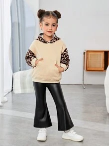 SHEIN 2pcs/Young Girl Contrast Leopard Print Loose Hooded Casual Sweatshirt & PU Trousers, Casual Hoodie, Versatile Outfit,Buy One Get One Free,Great For Casual & Daily Wear & School Daily In Spring And Autumn,Mom And Daughter Matching,Sister And Me Matching