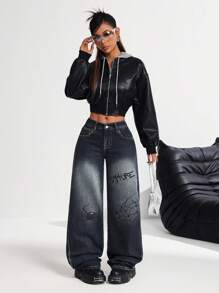 SHEIN PETITE Women's Low-Waist Wide Leg Printed Denim Jean Pants, Blue