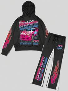 ROMWE MEN Street Life Men's Racing Letter Print Hoodie And Sweatpants Tracksuit - Black - View 1