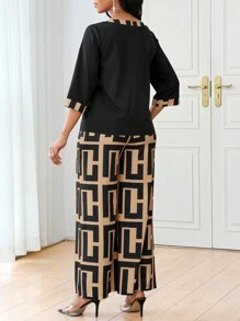 SHEIN Lady 2pcs Women's Autumn Geometric Print Round Neck 3/4 Sleeve Top And Wide Leg Pants Casual Suit Set - Camel - View 2
