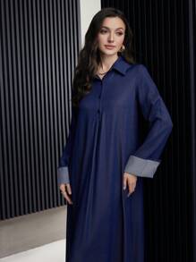 Al Najma 女士翻领休闲宽松直筒连衣裙、办公室/日常服装、穆斯林时尚长裙 - 藍色 - 查看 6