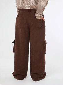 Manfinity NXTstreet Plus Size Men's Loose Fit Casual Corduroy Cargo Pants, Going Out Plain Long Baggy Beige Cargo Pants, For Husband, Boyfriend Gifts
