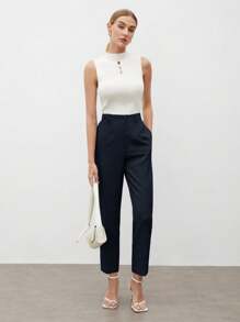 BizChic 女士纯色口袋优雅通勤直筒裤，浪漫别致日常时尚百搭商务休闲风，适合办公室、商务、休闲、秋冬季教师着装。 - 藏蓝色 - 查看 3