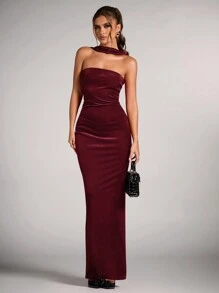 SHEIN BAE Gorgeous And Elegant Velvet Party Banquet Gathering Red Tube TopHalter Long Red Dress,Red Dresschristmas Women Clothes,Elegant Dress Wedding,Halloween Women Outfits,Greek Goddess Dress,Holiday Dress,Christmas Party Dress