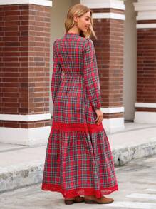 SHEIN VCAY Women Vintage Plaid Lantern Sleeve Patchwork A-Line Extra Long Casual Vacation Dress, Autumn/Winter