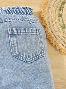 女宝宝荷叶边腰部彩虹心刺绣可爱休闲锥形腿米色牛仔裤 - 淺色水洗藍 - 查看 3