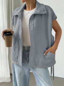 SHEIN EZwear Sleeveless Zip-Up Faux Shearling Jacket With Pockets In Fall/Winter - Light Grey - View 4