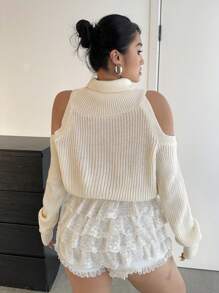 SHEIN Unity Plus Size Autumn/Winter Stylish Minimalist High Collar Fitted Hollow Out Cropped Women Long Sleeve Sweater Knit Pullover Fall - Beige - View 2