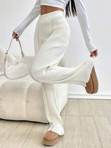 SHEIN Unity 女士高腰休闲白色罗纹针织裤 - 白色 - 查看 5
