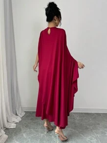 Chiquease Vestido largo elegante de mujer con cuello asimétrico, color vino tinto, vestido maxí color burdeos - Burdeos - Ver 2