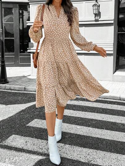 SHEIN LUNE 女式休闲花卉 V 领娃娃裙长袖中长连衣裙