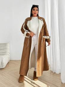 Flirla Chaqueta larga de talla grande informal con falso y ribete de pelo