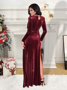 Zolique 女士纯色镂空高开叉连衣裙 - 酒紅色 - 查看 2