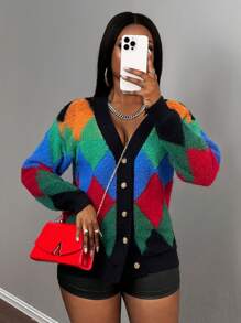 Slaydiva New Winter Contrast Color Knitted Cardigan, Casual Streetwear For Valentine's, New Year, Party, Daily Wear