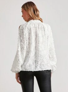 SHEIN Clasi 女士优雅露肩镂空灯笼袖衬衫，派对装 - 白色 - 查看 2