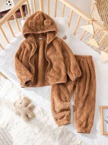 SHEIN 2 件装小男孩可爱耳朵设计连帽拉链上衣和柔软羊毛裤，舒适睡衣睡衣套装，秋冬 - 灰色 - 查看 3