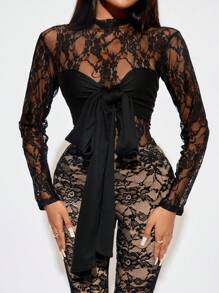 SHEIN SXY Black Lace Patchwork Sexy Long Sleeve Blouse,Long Sleeve Lace Top,Black Long Sleeve Top,Lace Long Sleeve,Sheer Long Sleeve Top, - Black - View 7