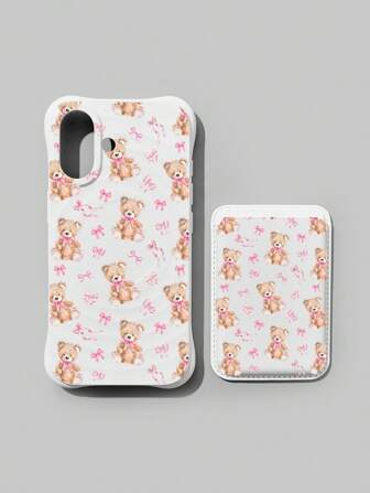 Kawaii 1 pieza Funda de teléfono con ranura para tarjeta magnética con diseño de oso de peluche con lazo rosa, compatible con iPhone 11 12 13 14 15 Pro Max 16 16Pro 16Plus 16ProMax