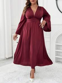 SHEIN Unity 缎面 V 领纯色喇叭袖 A 字型优雅连衣裙长款女装 - 香檳色 - 查看 1