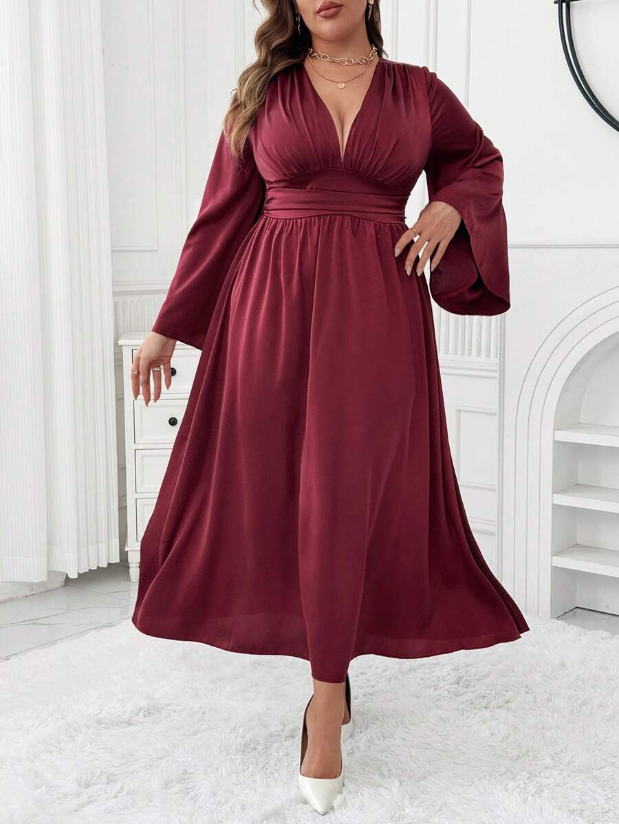 SHEIN Unity 缎面 V 领纯色喇叭袖 A 字型优雅连衣裙长款女装 - 香檳色 - 查看 1