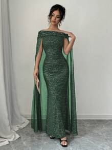 Rafferiza Vestido capa elegante y casual de mujer con ajuste delgado, minimalista y de lujo con hombros descubiertos y brillo