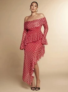 SHEIN BAE Đầm dài hở vai cao cấp gợi cảm quyến rũ ngọt ngào màu đen và trắng chấm bi in họa tiết lưới một bên vai không đối xứng viền xếp nếp xẻ cao - Đỏ - Xem 5