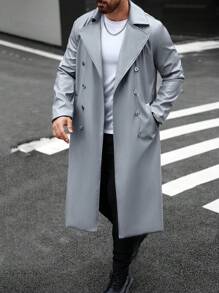 Manfinity Homme 男士纯色罗纹领长袖 PU 皮革休闲长款风衣，秋季，皮革冬季男士夹克 - 灰色 - 查看 5