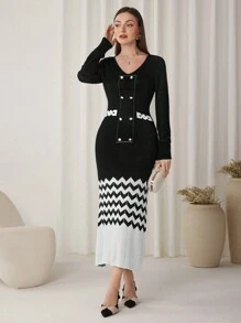 Modelyn Damen Farbblock Geometrisches Muster V-Ausschnitt Figurbetontes Pulloverkleid