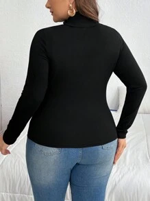 SHEIN Privé Plus Size Women Elegant Turtleneck Long Sleeve Floral Decor T-Shirt, Autumn - Black - View 2