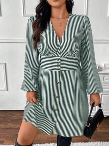 SHEIN Frenchy Plus Size Striped Short Casual Long Sleeve Dress For Women