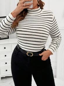 Flirla Duży rozmiar, golf, dopasowany, długi sweter z nadrukiem w paski, na zimę